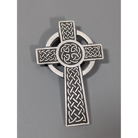 Vintage St Justin Pewter Cross Pin Brooch Celtic Knot Silver Tone - Picture 1 of 7